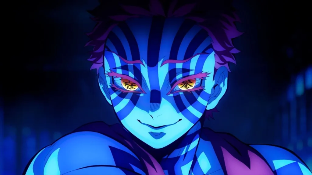 Lua superior número 3, Akaza, em Demon Slayer Castelo Infinito.