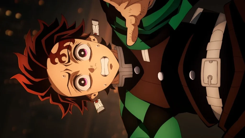 Tanjiro caindo no castelo infinito.