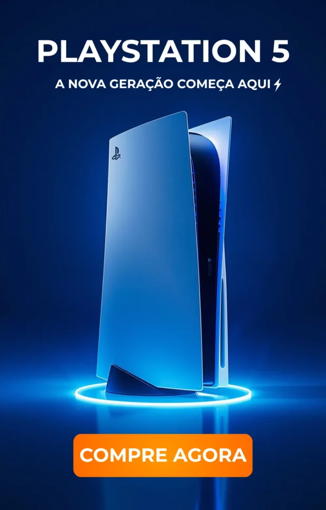 Banner vertical do PlayStation 5 com fundo azul futurista e botão laranja com a frase “Compre agora”